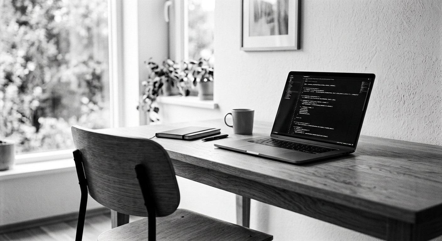 A laptop with code on a quiet wooden desk