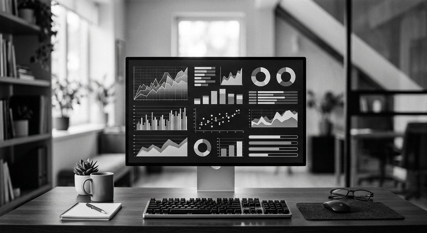 A monitor showing charts and financial dashboards