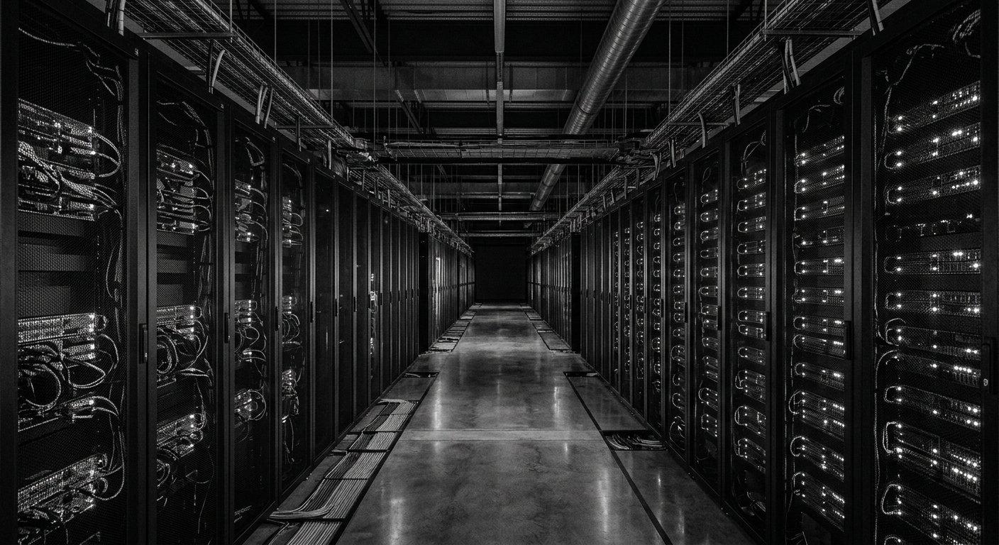 A long corridor of server racks in a data centre